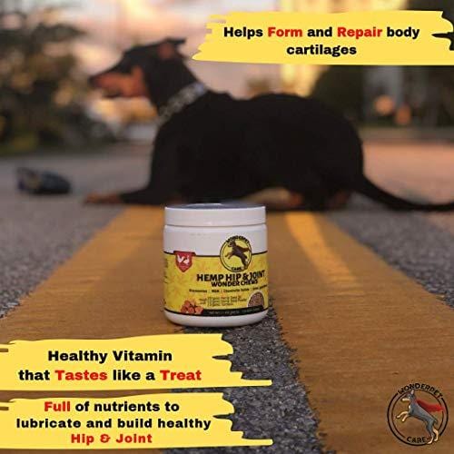 WonderPet Hemp Hip & Joint Supplement for Dogs Chondroitin Glucosamine MSM Organic Hemp Oil Hemp Powder Turmeric | Extra Strength Formula for Arthritis Pain Relief & Mobility Increase | 120 Soft Chews