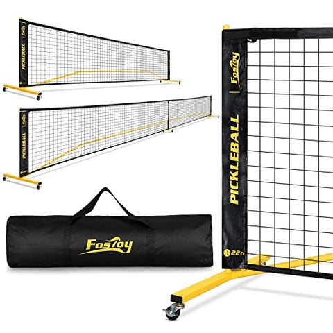 Fostoy Portable Pickleball Net with Wheels, Regulation Size 22 FT & Half Court 11 FT, 18-Ply PE Nets, Steady Metal Frame for All-Weather Resistant Play in Backyards, Driveways, and Garages