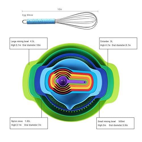 Mixing Bowls Set with 10 Nesting Bowls Stackable Measuring Cups Sieve Strainer Colander for Salad/Cooking/Baking/Food Prep, 11-Piece,Multicolor