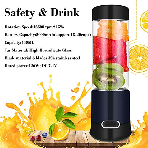 Portable Blender, Portable Blender Juicer Cup, Smoothie Blender, Stainless blades 16500rpm, 5000mAH USB Rechargeable Cordless Smoothie Glass Blender for Travel, Gym, Picnic, Kitchen (FDA, BPA free) (Double Portable blender)