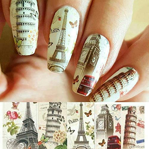12 sets European cities french eiffel tower Pisa italy NAIL ART DECALS retro trippy psychedelic art water transfer DIY nail stickers POP ART tattoo nail wraps British pop culture nail vinyls NAIL KIT