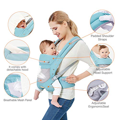 Infant Toddler Baby Carrier Wrap Backpack Front and Back, Hip Seat & Hood, Soft & Breathable Cotton, Cool Air Mesh, Green