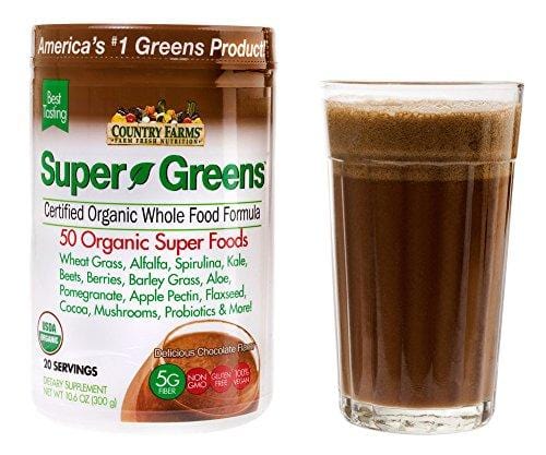 Country Farms Super Greens Chocolate Flavor, 50 Organic Super Foods, USDA Organic Drink Mix, 20 Servings