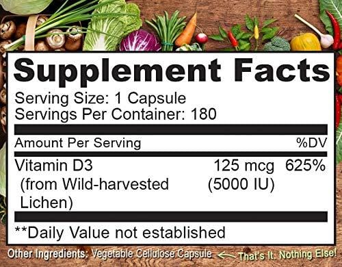 NATURELO Vitamin D - 5000 IU - Plant Based - from Lichen - Best Natural D3 Supplement for Immune System, Bone Support, Joint Health - Whole Food - Vegan - Non-GMO - Gluten Free - 180 Capsules