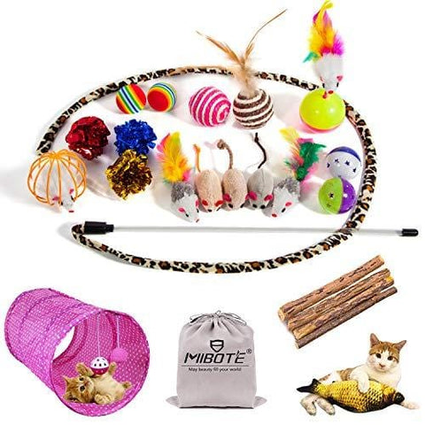 MIBOTE 24Pcs Cat Toys Kitten Catnip Toys Assorted, 2 Way Tunnel, Fish, Interactive Feather Teaser, Fluffy Mouse, Tumble Cage Mice, Crinkle Rainbow Balls Bells Toys for Puppy Kitty