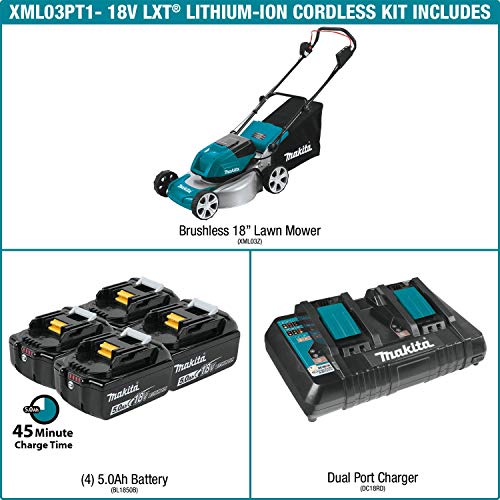 Makita XML03PT1 18V X2 (36V) LXT Lithium‑Ion Brushless Cordless (5.0Ah) 18" Lawn Mower Kit with 4 Batteries, Teal