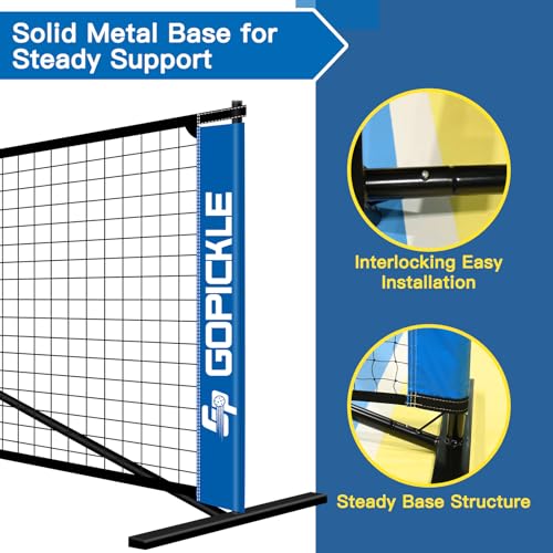 GoPickle Pickleball Net with Court Marking Kit, 22FT Regulation Size Portable Pickle Ball Net System with Carrying Bag, Durable Metal Frame PE Knitted Net for Home Indoor Outdoor Driveway Game