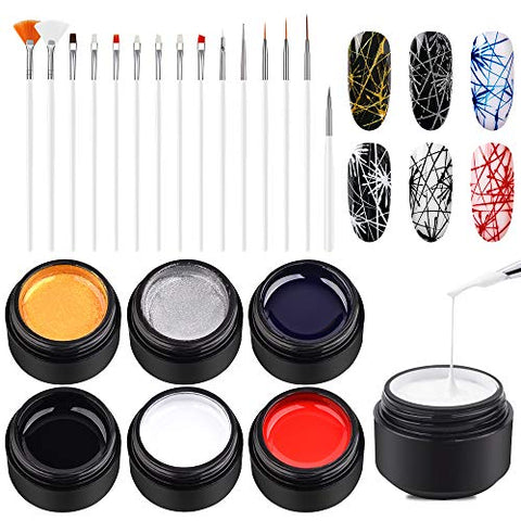 Ownest 6 Colors Spider Gel, Matrix Gel with Gel Paint Design Nail Art Kit Wire Drawing Nail Gel for Line, Soak Off UV LED DIY Manicure Nail Art Decoration With 15 Nail Art Brushes