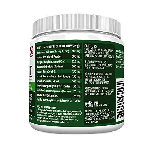 Hemp Hip & Joint Support Supplement for Dogs : Organic Hemp Oil + Hemp Powder Dog Chew with Turmeric & Glucosamine Chondroitin MSM - Arthritis Pain Relief & Improved Mobility in Joints - 90 Treats