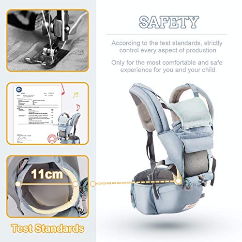 Baby - Carrier, 6-in-1 Baby Carrier with Waist Stool-, FRUITEAM Baby Carrier with Hip Seat for Breastfeeding, One Size Fits All - Adapt to Newborn, Infant & Toddler (Blue)
