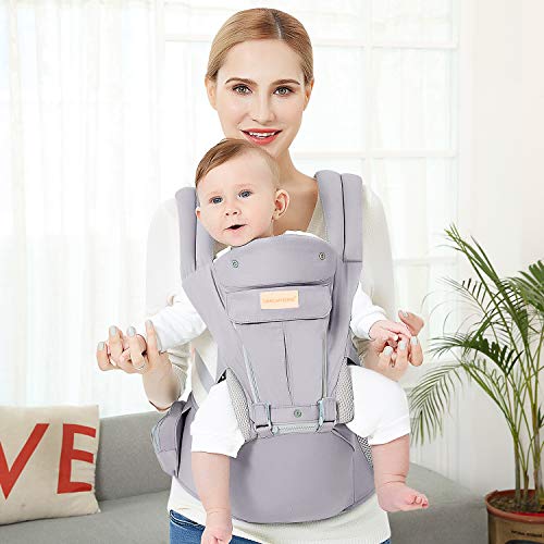 Baby Wrap Carrier with Hip Seat, Windproof Cap, Bite Towel as Well as 6 and 1 Convertible Backpack, Cotton Sling for Infants, Babies and Toddlers - Grey