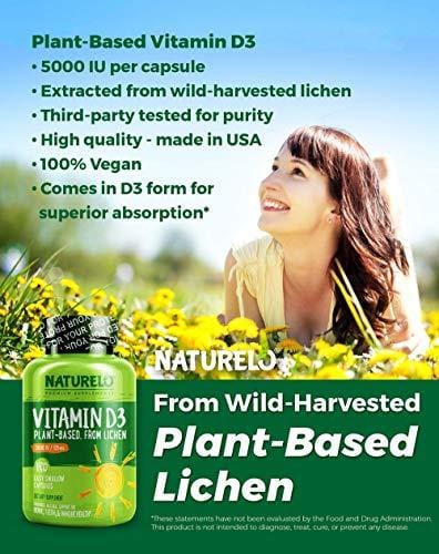 NATURELO Vitamin D - 5000 IU - Plant Based - from Lichen - Best Natural D3 Supplement for Immune System, Bone Support, Joint Health - Whole Food - Vegan - Non-GMO - Gluten Free - 180 Capsules