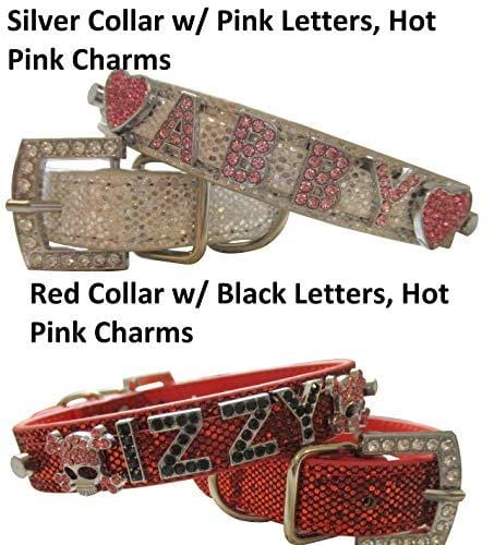 Bling Stuff For Fun TM, Personalized Customized PU Leather Glitter Rhinestone Bling Name Collar for Dogs & Puppies