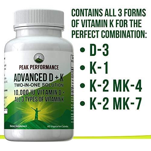 Advanced Vitamin D 10000 IU + All 3 Types of Vitamin K Capsules by Peak Performance. 10,000 IU Vitamin D3 and Vitamin K2 MK-7 (MK7) K2 MK4 K1 Supplement! 60 Small & Easy to Swallow Pills
