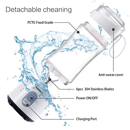 Tenswall Portable, Personal Size Smoothies and Shakes, Handheld Fruit Machine 13oz USB Rchargeable Juicer Cup, Ice Blender Mixer Home/Of, 380ML, White