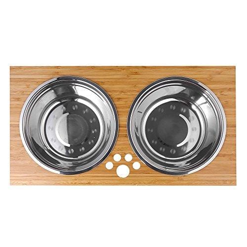 FOREYY Raised Pet Bowls for Medium and Large Dogs - Bamboo Elevated Dog Cat Food and Water Bowls Stand Feeder with 2 Stainless Steel Bowls and Anti Slip Feet (New 10'' Tall)