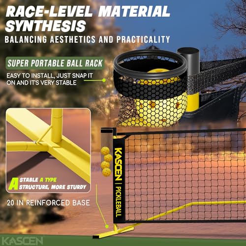 Kascen Pickleball Net - 22 FT Regulation Size Portable Pickleball Net, Pickle Ball Net with Exclusive Ball Holder, 4 Pickleballs & Carry Bag, Pickle Ball Net for Outdoor Indoor Driveway Backyard Black