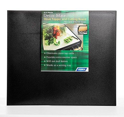 Camco Decor Mate Stove Topper and Cutting Board - Eliminates RV and Camper Stove Top Rattling |Can be Used as a Serving Tray - Black (43704)