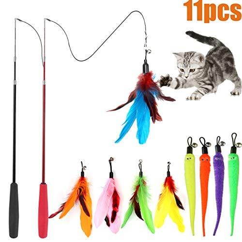 Cat Feather Toy, Retractable Cat Toys Wand 2 Wands & 9 Assorted Teaser Refills, Interactive Feather Teaser Wand Toy Bell Kitten Cat Having Fun Exerciser Playing