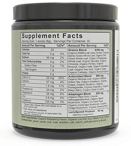 Alaya Organic Greens Powder - Superfood Powder with Adaptogens, Antioxidants & Probiotics - Certified Organic Non-GMO Super Greens Supplement Powder - 30 Servings - Berry Flavor Green Powder