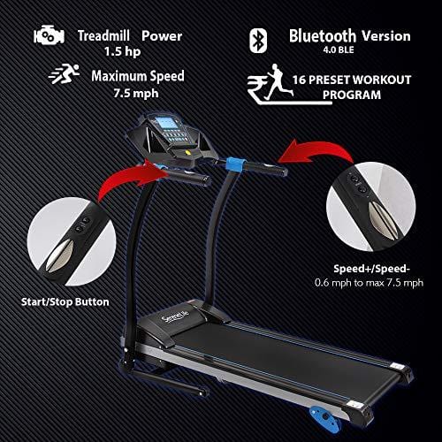SereneLife Smart Digital Folding Treadmill - Electric Foldable Exercise Fitness Machine, Large Running Surface, 3 Incline Settings, 16 Preset Program, Downloadable Sports App for Running & Walking