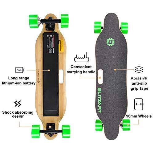 BLITZART Tornado Electric Skateobard Longboard E-Skateboard Motorized Electronic Hub-Motor, 3.5" Wheels, Green
