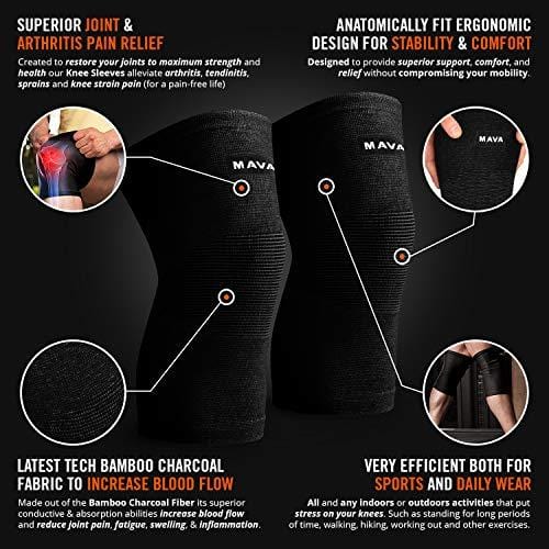 Mava Sports Knee Support Sleeves (Pair) for Joint Pain & Arthritis Relief, Improved Circulation Compression – Support for Running, Jogging,Workout, Walking & Recovery (All Black, XXLarge)