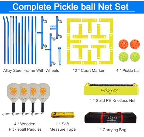 Pickleball Nets with Wheels Portable Pickle Ball Set with Net and Pickleball Paddles of 4, 22FT Pickleball Net Outdoor Pickle Balls, Court Marking Kit, and Carrying Bag for Family, Home