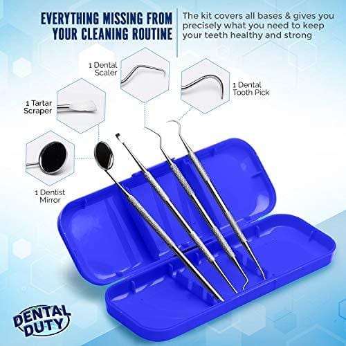Professional Dental Hygiene Kit - Calculus & Plaque Remover Set - Stainless Steel Tarter Scraper, Tooth Pick, Dental Scaler And Mouth Mirror.Dentist Home Use Tools (blue)