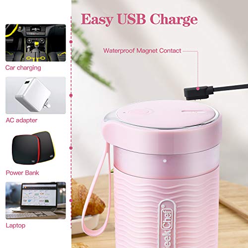 Geek Chef Portable Blender Mini Personal Blender Small Smoothie and Shakes Blender Cordless Small Blender Cup, USB Rechargeable Travel Blender BPA-Free Tritan,10oz/300ml, Pink