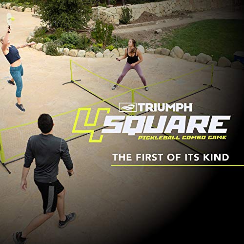 Triumph Sports 4 Square Pickleball Game Set Transforms to Regulation Pickleball Net, Includes 4 Square net, Wood Racket Paddles, Pickleballs, Boundary Markers, Metal Frame, Carry Bag