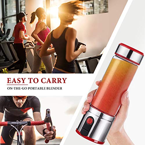 Cesun Portable Personal Size Blender, Smoothie Stainless Steel Blender Cordless w/ 15 oz Glass Bottle, 5100mAh USB Rechargable Juicer BPA Free (Red)