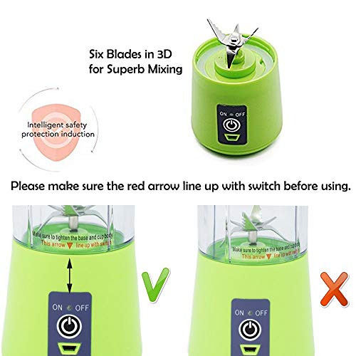 Portable blender Personal 6 Blades Juicer Cup Household Fruit Mixer, With Magnetic Secure Switch, USB Charger Cable 380ML(Green)