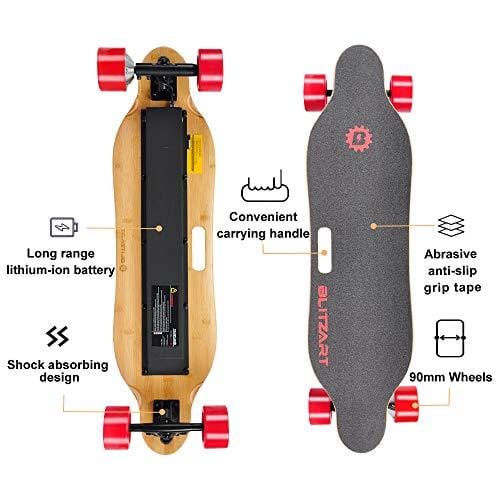 BLITZART Tornado Electric Skateobard Longboard E-Skateboard Motorized Electronic Hub-Motor, 3.5" Wheels, Red