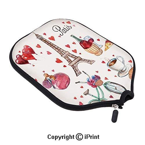 Neoprene Premium Pickleball Paddle Racket Cover Case,Paris Illustration of Hearts Eiffel Tower Red Wine Coffee Perfume Romance Themed Art(size:8.23" x 11.4")Red Brown,High resolution pictures bring a