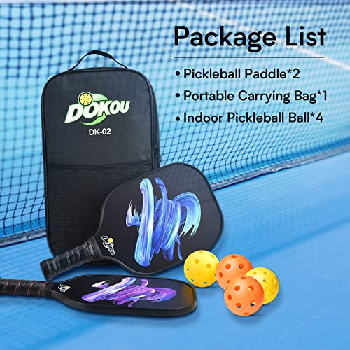 DOKOU Pickleball Paddles, Pickleball Paddle with Fiberglass Face and Polypropylene Honeycomb Core, Pickleball Paddle Set of 2 with 1 Bag and 4 Pickleballs