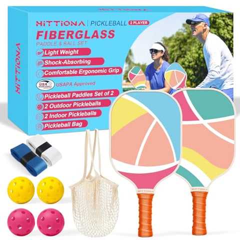 Pickleball Paddles Set of 2 - USAPA Approved Fiberglass Cute Pickleball Paddles Set for Women, Pink Pickleball Paddle with Anti-Slip Grip, 4 Pickleballs, Pickle Ball Paddle for Beginners