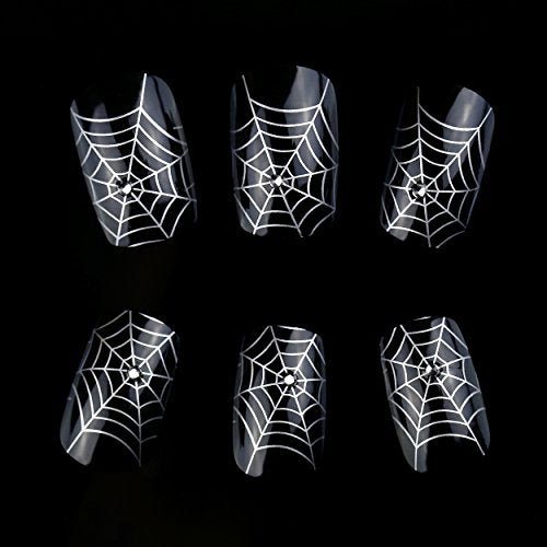 ArtPlus Preglued 24pcs Halloween Gothic Black Silver Spider Web with Crystals False Nails with Upgraded Adhesive Tabs Press on and Glue Full Cover Long Length Fake Nails Art
