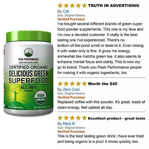 Peak Performance Organic Greens Superfood Powder. Best Tasting Organic Green Juice Super Food with 25+ All Natural Ingredients for Max Energy & Detox. Spirulina, Spinach, Kale, Turmeric Probiotics