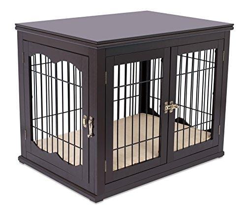Internet's Best Decorative Dog Kennel with Pet Bed | Double Door | Wooden Wire Dog House | Large Indoor Pet Crate Side Table | Espresso