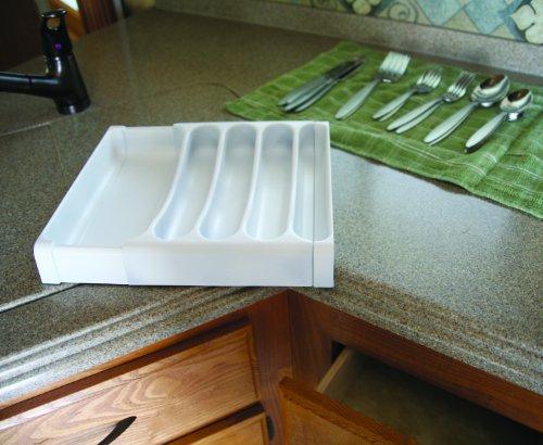 Camco Adjustable Cutlery Tray - Designed for RV and Compact Kitchen Drawers , Adjusts between 9" and 13" for An Easy Custom Fit -White (43503)