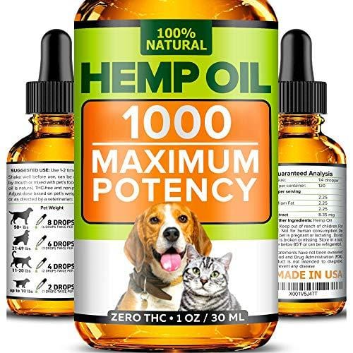 Hemp Oil for Dogs and Cats - 1000mg - Stress & Anxiety Relief - Advanced Formula - Grown & Made in USA - Supports Hip & Joint Health, Natural Relief for Separation Anxiety.