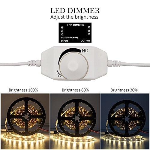 HitLights Warm White Dimmable LED Strip Lights Kit, 16.4 Feet - Includes Power Supply and Dimmer. 300 LEDs, 3000K, 72 Lumens per Foot. 12V DC Tape Light