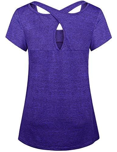 Kimmery Active Tops for Women, Loose Fresh Designer Shirts Sexy Open Back Short Sleeve Scoop Neck Leisure T-Shirt Running Compression Gym Wicking Moisture Tunic Cooling Athleisure Wear Purple XX Large