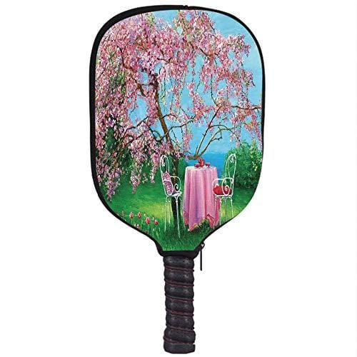 Neoprene Pickleball Paddle Racket Cover Case,Rustic,Tea Time Theme Vintage Chairs Plum Tree Spring Garden Painting,Light Blue Green and Light Pink,Fit for Most Rackets - Protect Your Paddle