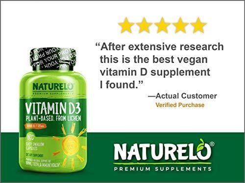NATURELO Vitamin D - 5000 IU - Plant Based - from Lichen - Best Natural D3 Supplement for Immune System, Bone Support, Joint Health - Whole Food - Vegan - Non-GMO - Gluten Free - 180 Capsules