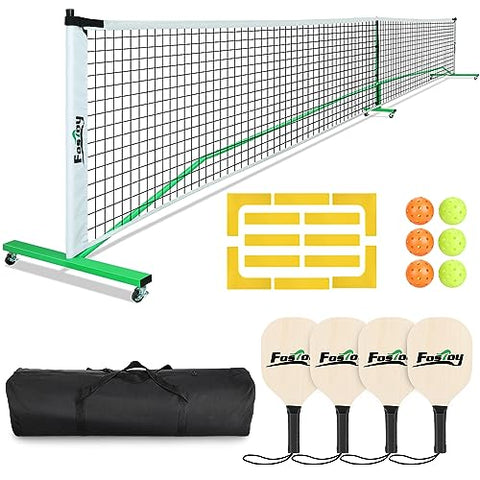 Fostoy Pickleball Net Set with Wheels, 22 FT Regulation Size, Court Marker, 4 Paddles & 6 Pickleballs, Carrying Bag, Steady Metal Frame and 18-ply PE Net for All Weather Conditions Outdoor Indoor