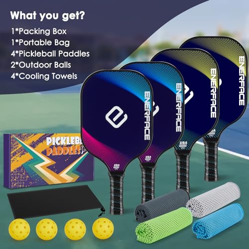 ENERFACE Pickleball Paddles Set of 4: Ergonomic Grip Wooden Pickleball Rackets with 4 Cooling Towels, 4 Pickleball Balls and Carry Bag, Pickleball Set for Men Women (Yellow+Green/Blue+Pink,4 Pack)