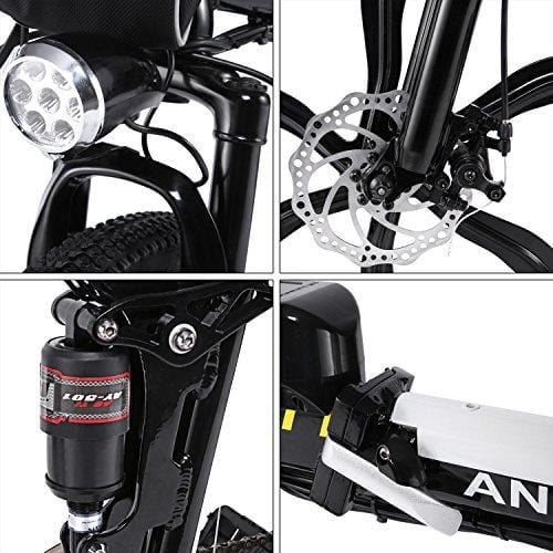 ANCHEER Folding Electric Mountain Bike, 26'' Electric Bike with 36V 8Ah Lithium-Ion Battery, Shimano 21 Speed Shifter (Folding Integrated Wheels-Black) (White)