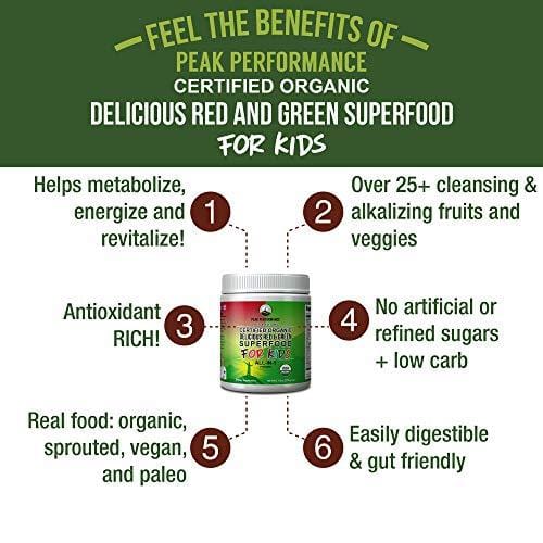 Kids Greens and Reds Superfood Powder. Best Tasting Organic Vegan Super Food Juice with 25+ Real Fruits and Vegetables. Gluten Free Real Food Vitamins. Green & Red Superfoods Supplement Children